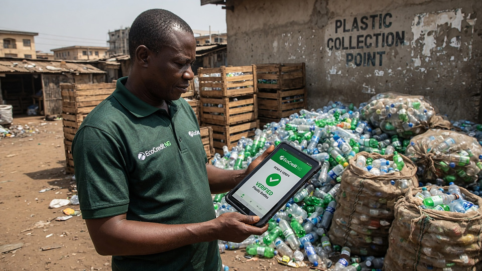 An EcoCredit agent in a branded polo shirt verifying a collection on a tablet at a plastic collection point.