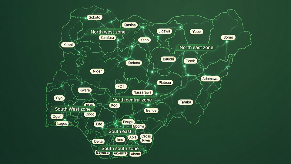 A map of Nigeria with its states outlined and connection points marked across every geopolitical zone.