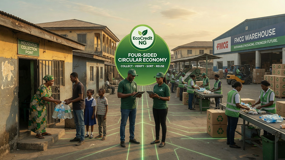 A household collection point, EcoCredit staff with a tablet, and a sorting line outside an FMCG warehouse.