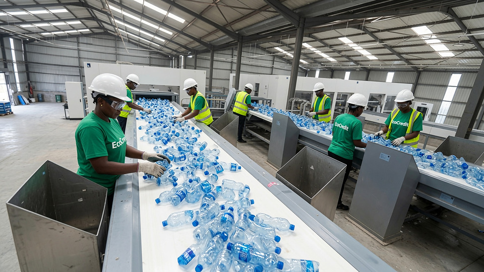 Workers in EcoCredit shirts and hard hats sorting plastic bottles along a conveyor in a recycling plant.