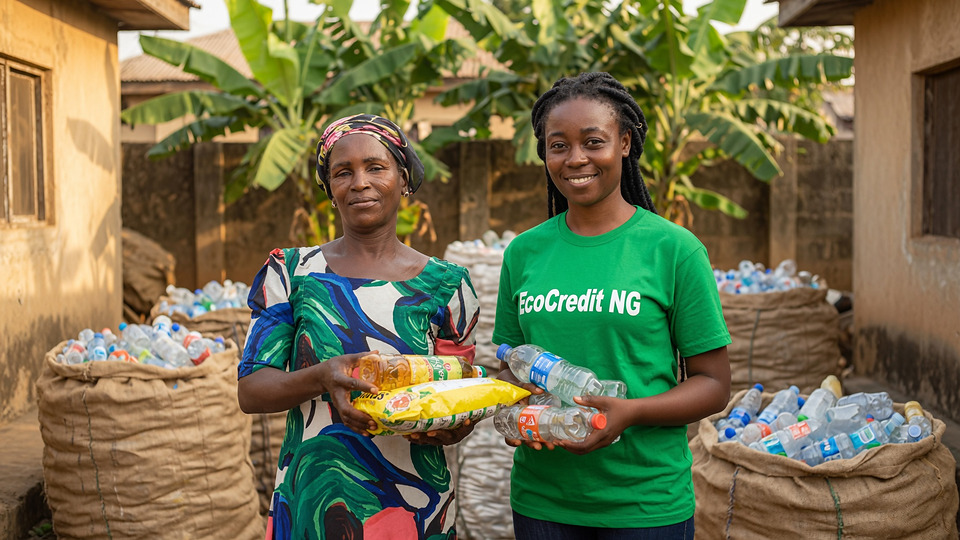 A household member and an EcoCredit agent standing together with sacks of collected bottles in a compound.