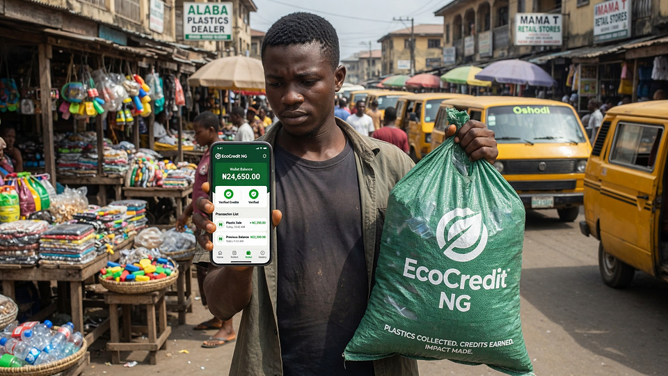 A man in a Lagos market holding up his phone showing an EcoCredit wallet balance, with a full sack of plastic beside him.